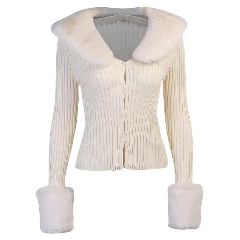 ADVBRIDGE Knitted Cardigans Coat Sexy Turn Down Fur Collar Fluffy Sleeve Button Sweater Winter Elegant Vintage Casual Slim Solid Jacket