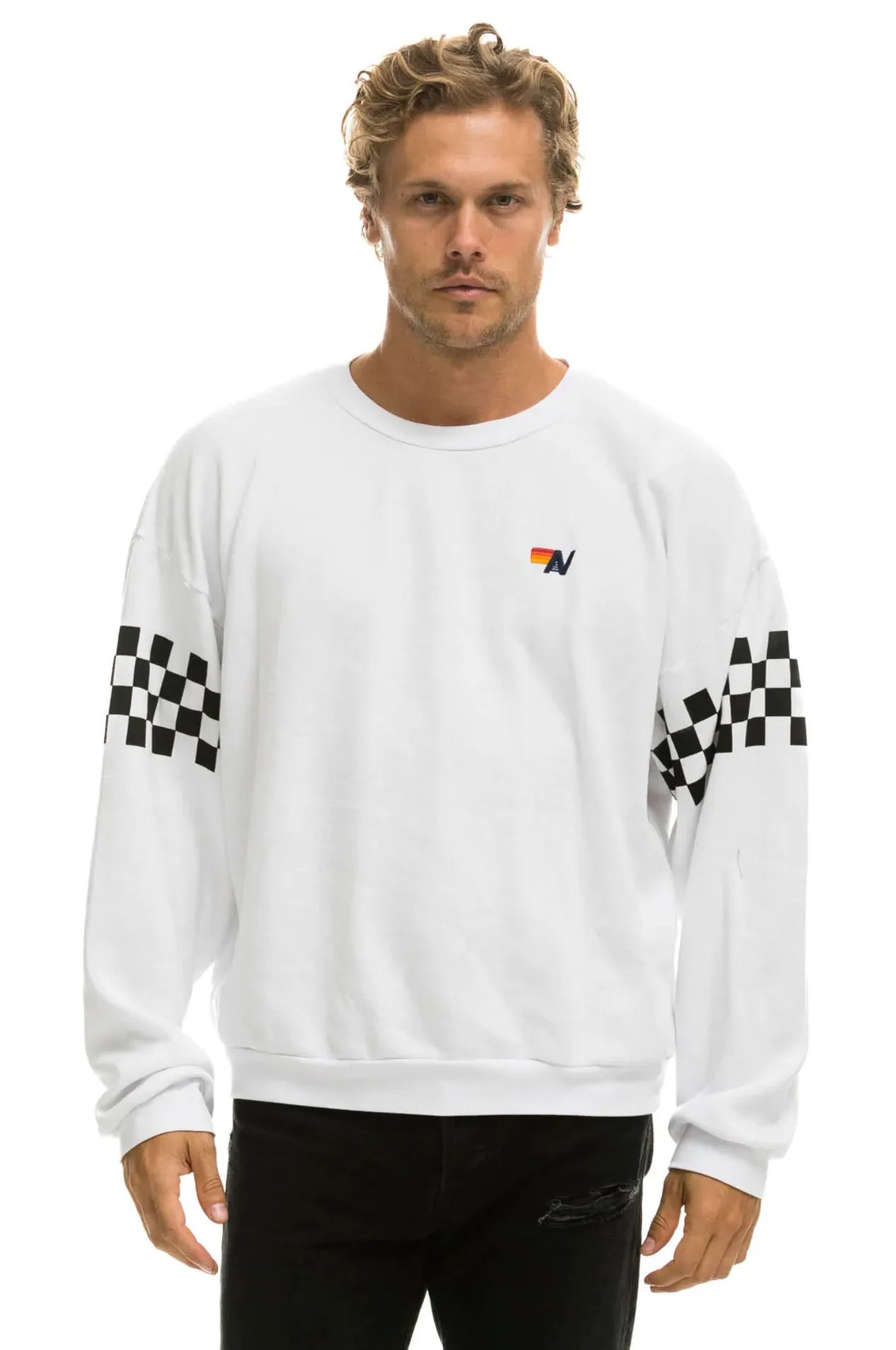 Aviator Nation CHECK 2 SLEEVE RELAXED CREW UNISEX SWEATSHIRT - WHITE