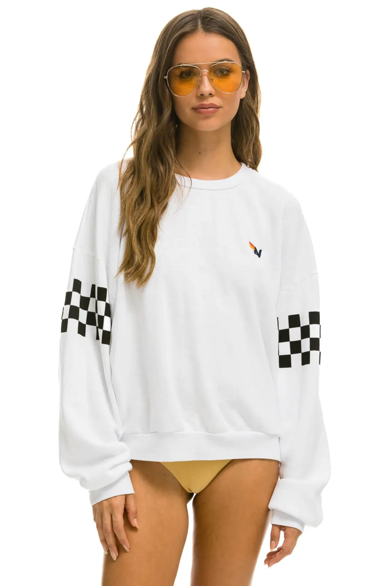 Aviator Nation CHECK 2 SLEEVE RELAXED CREW UNISEX SWEATSHIRT - WHITE