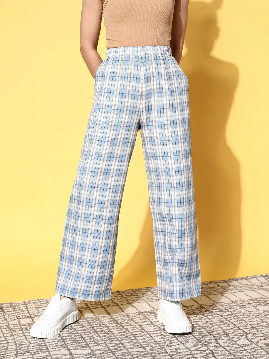 Berrylush Women Blue & White Checked Pattern High-Rise Waist Two-Pocket Slip-On Relaxed Regular Trousers