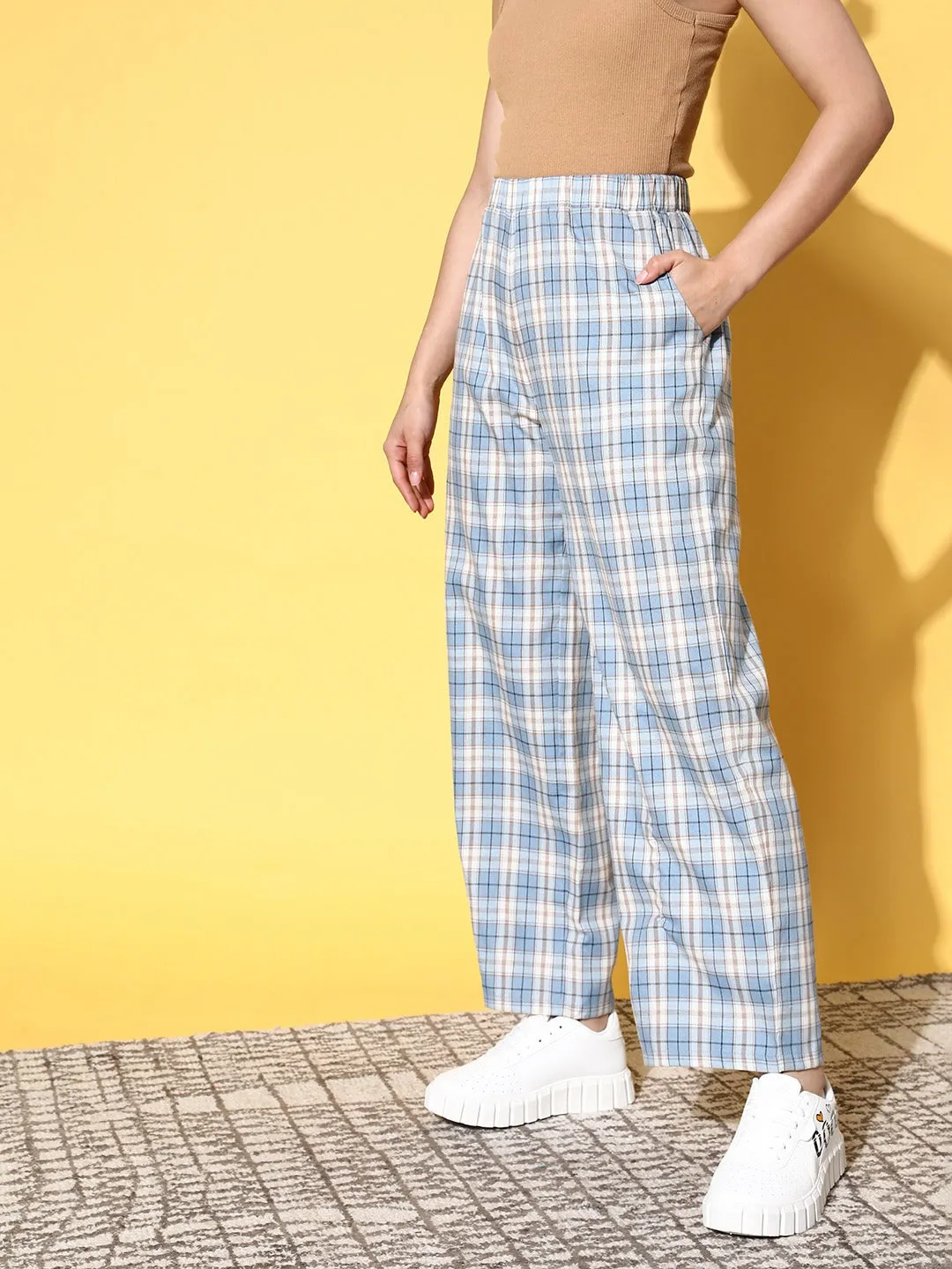 Berrylush Women Blue & White Checked Pattern High-Rise Waist Two-Pocket Slip-On Relaxed Regular Trousers