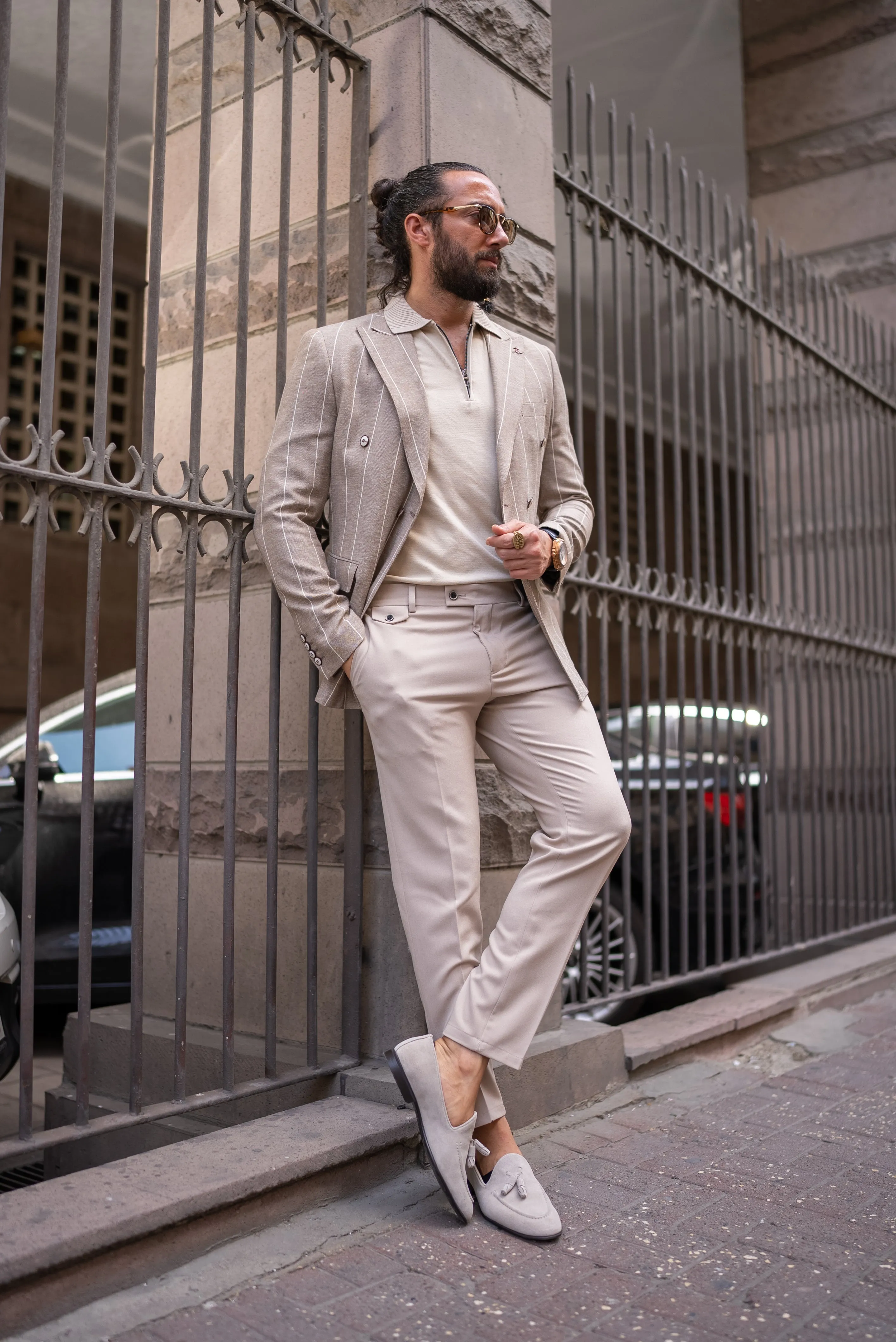 Bojoni Leclerc Beige Slim Fit Double Breasted Striped Blazer