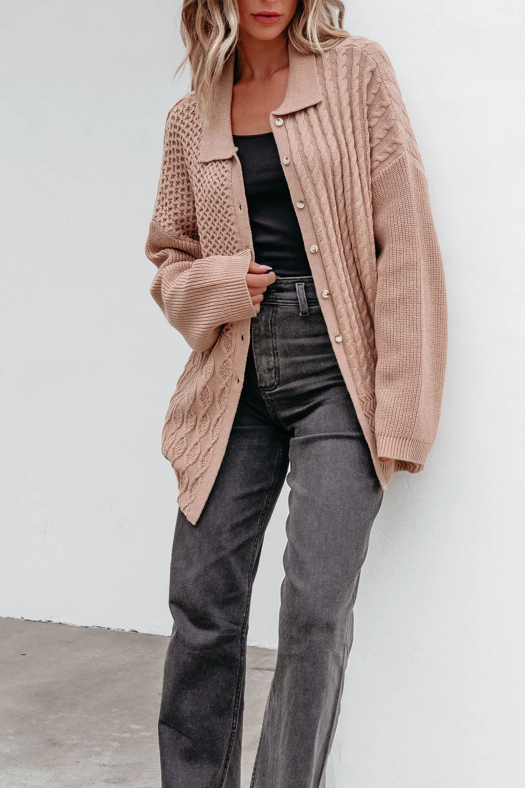 Camel Cable Knit Sweater Cardigan