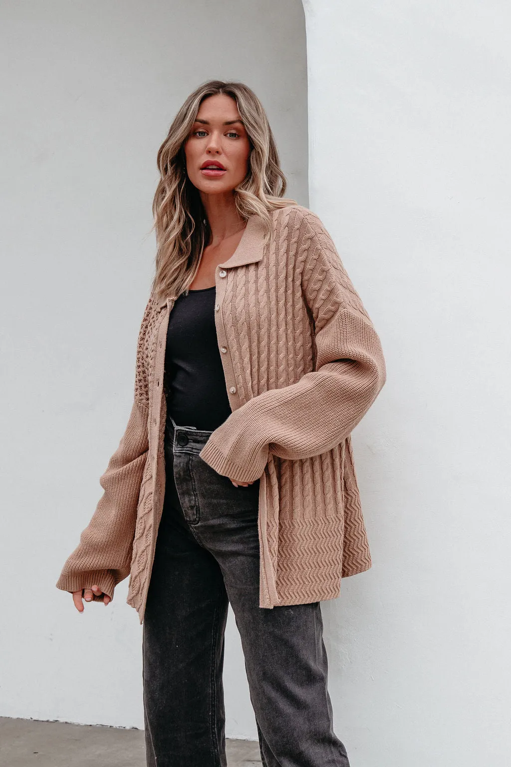 Camel Cable Knit Sweater Cardigan