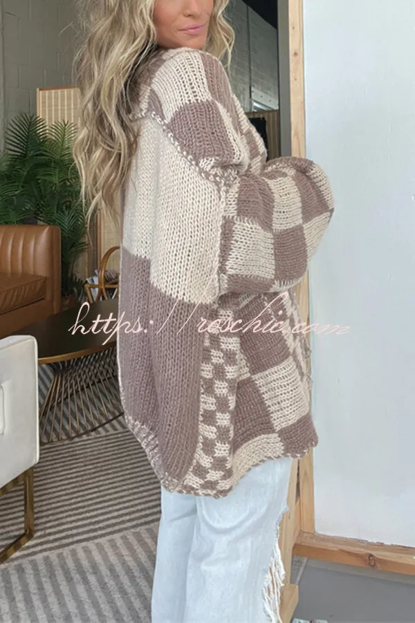 Casual Plaid Mid-length Loose Knitted Outerwear