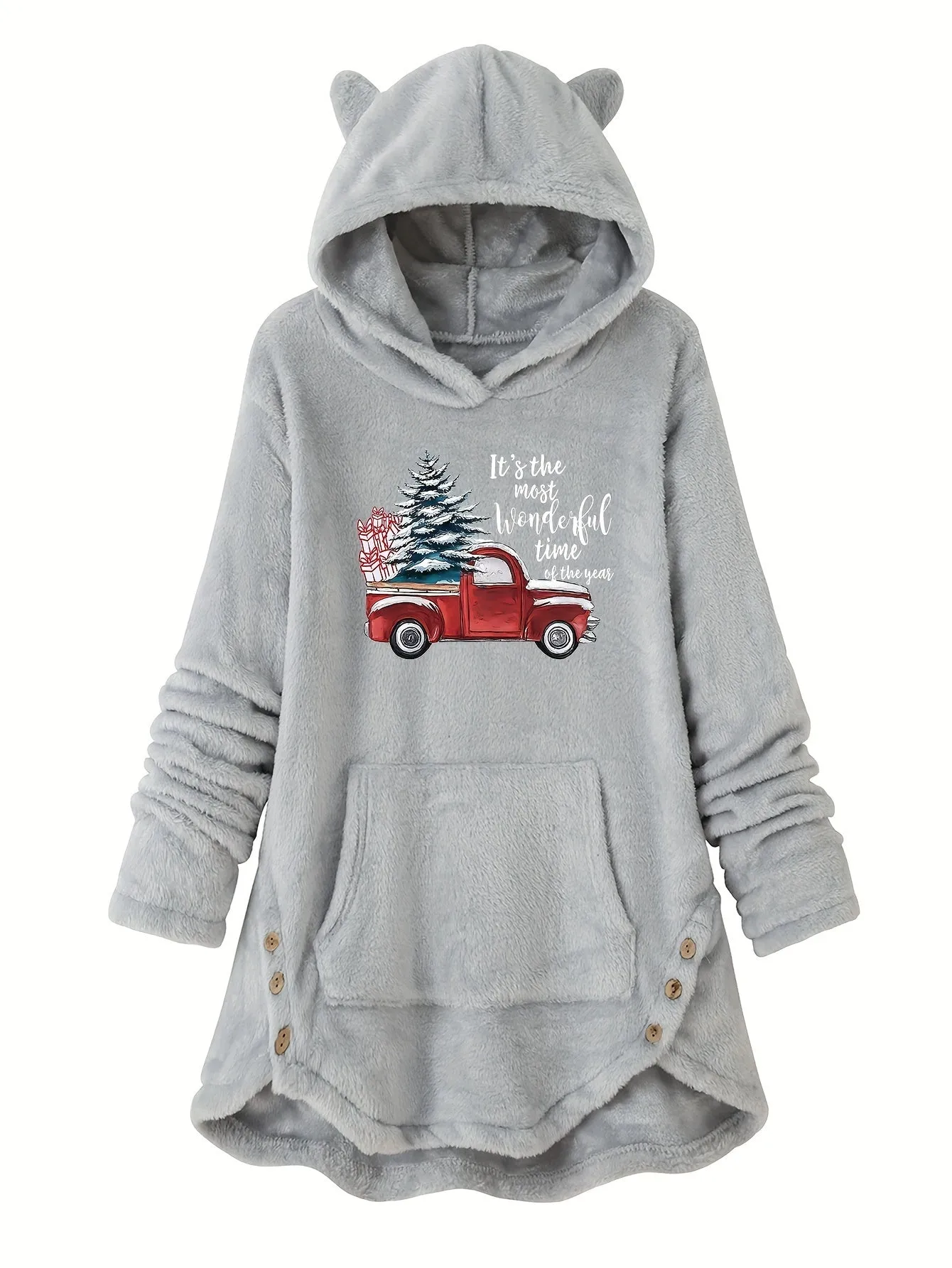 Cozy Christmas Truck And Tree Print Flannel Pajama Top - Fashion Hoodies - Soft, Comfortable, Long Sleeve, Hooded, Casual Loose Fit, Ladies Loungewear for Winter Nights