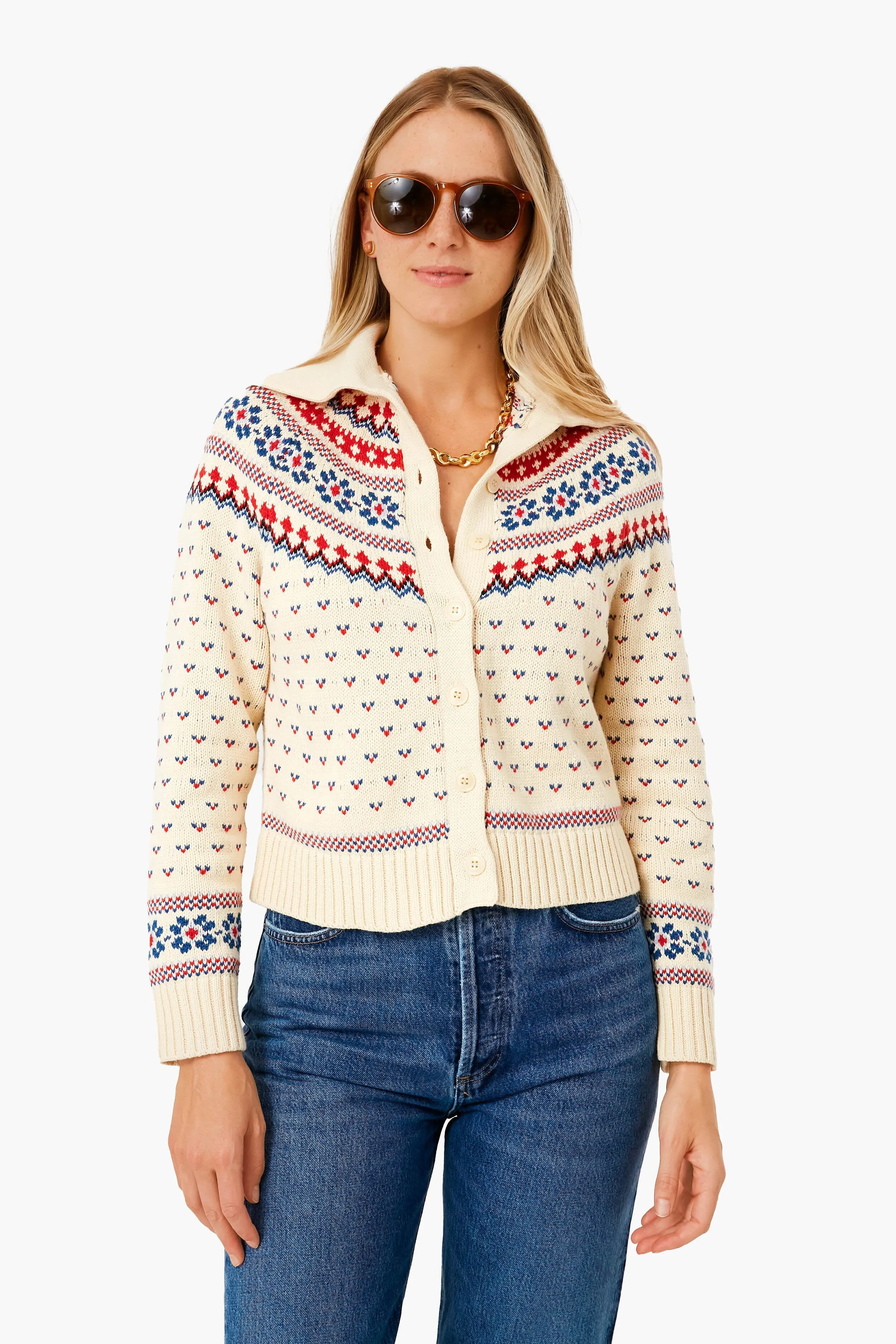 Cream Floral Fairisle Mini Collar Cardigan