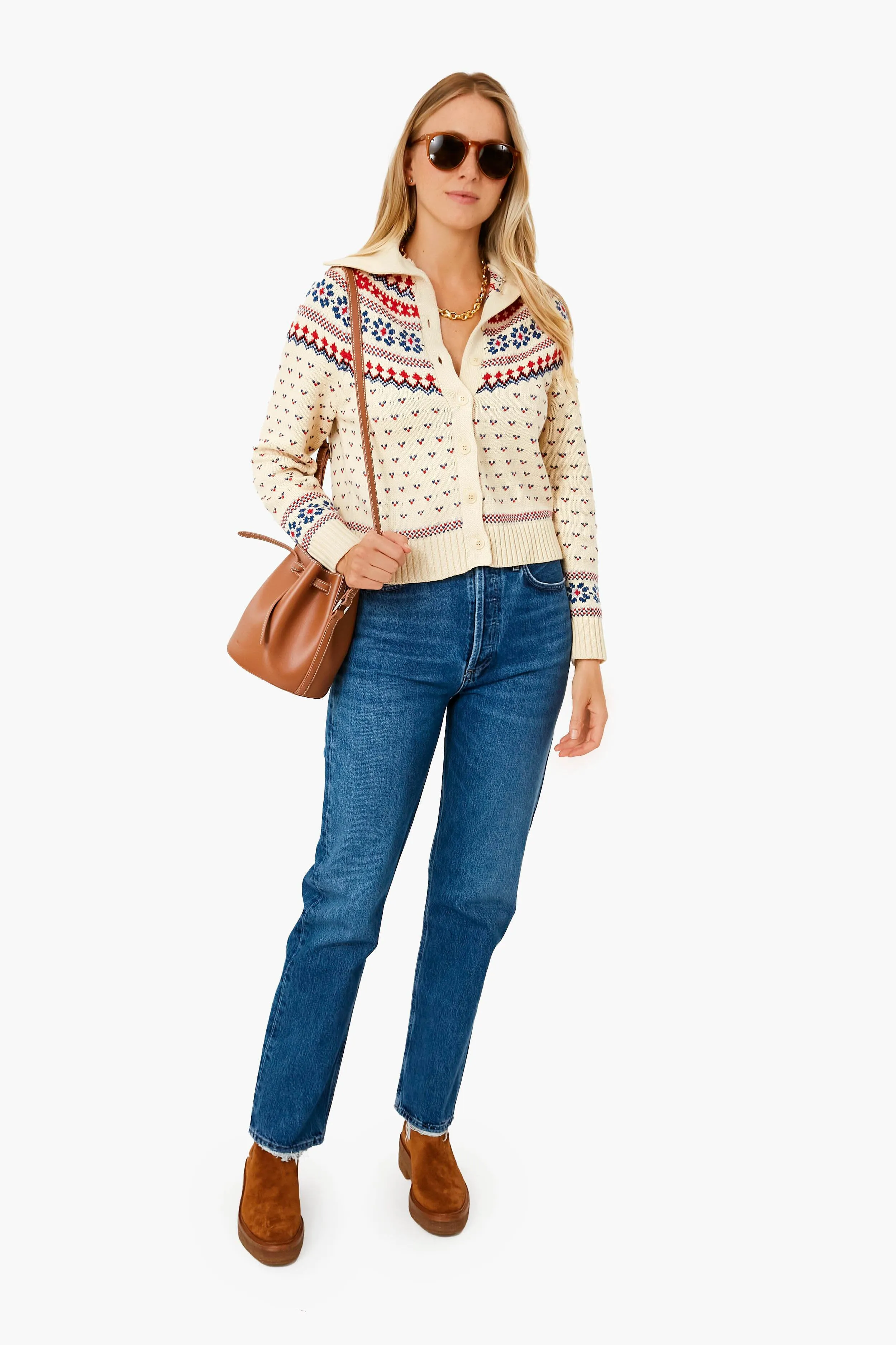 Cream Floral Fairisle Mini Collar Cardigan