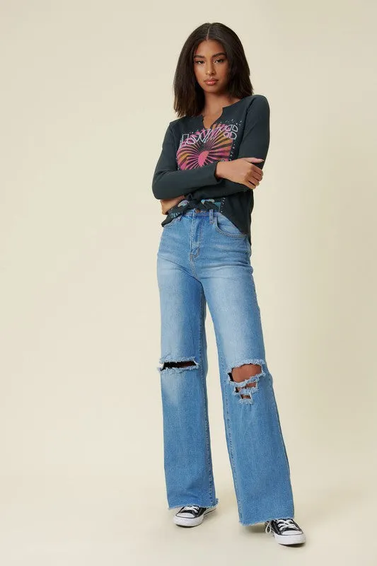 DISTRESSED WIDE LEG JEANS