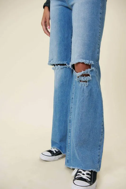 DISTRESSED WIDE LEG JEANS