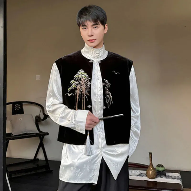 Fashion Men's Velvet Vest Embroidered Landscape Tassel Sleeveless Coat Chinese Style Trendy Male Top 2024 9C5132