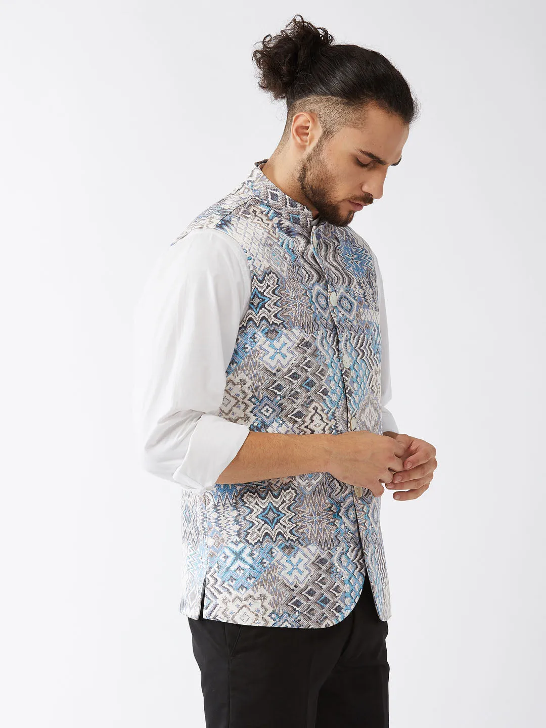 Jashvi Men's White & Blue Printed Satin Slim-Fit Nehru Jacket