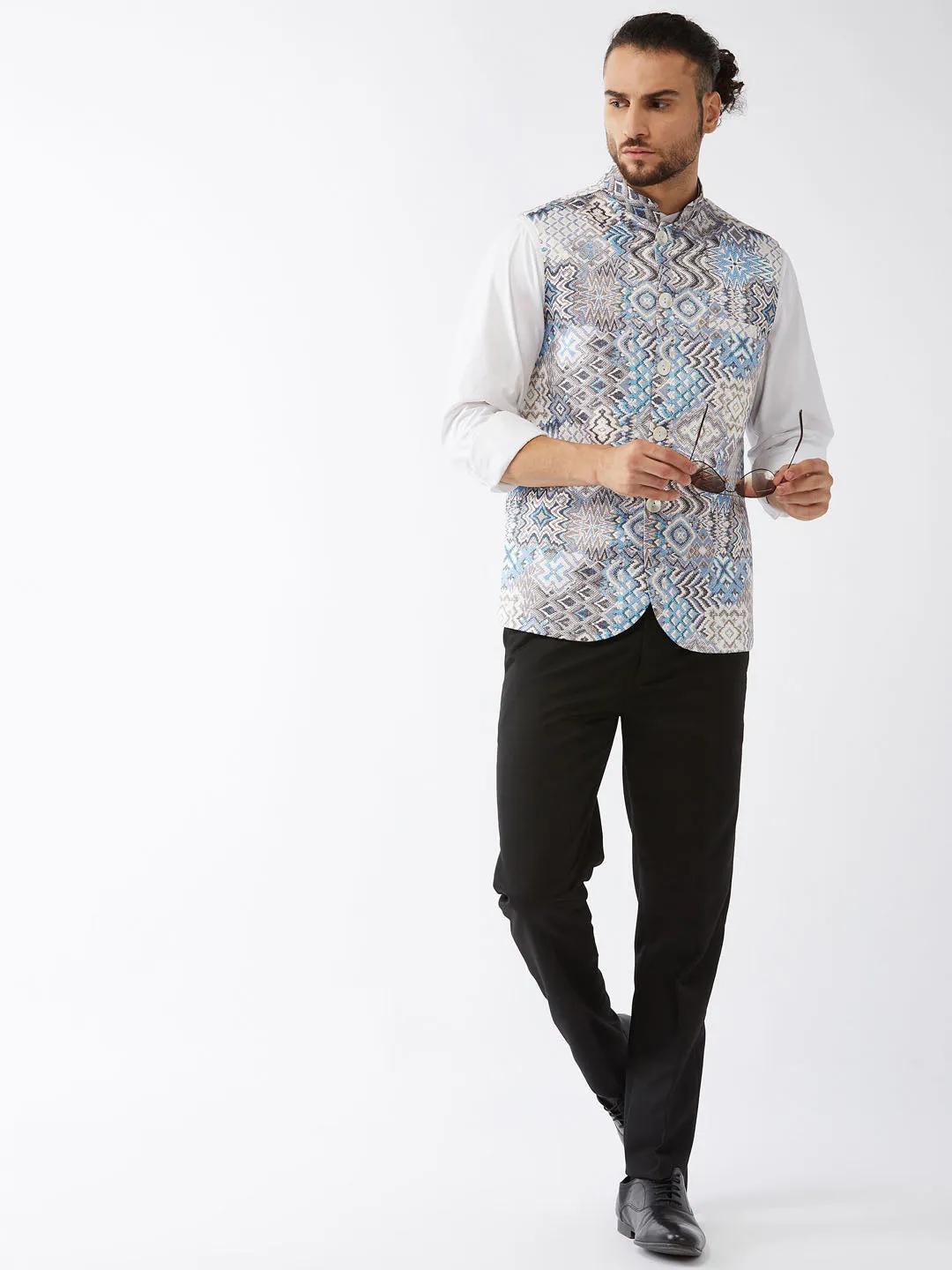 Jashvi Men's White & Blue Printed Satin Slim-Fit Nehru Jacket