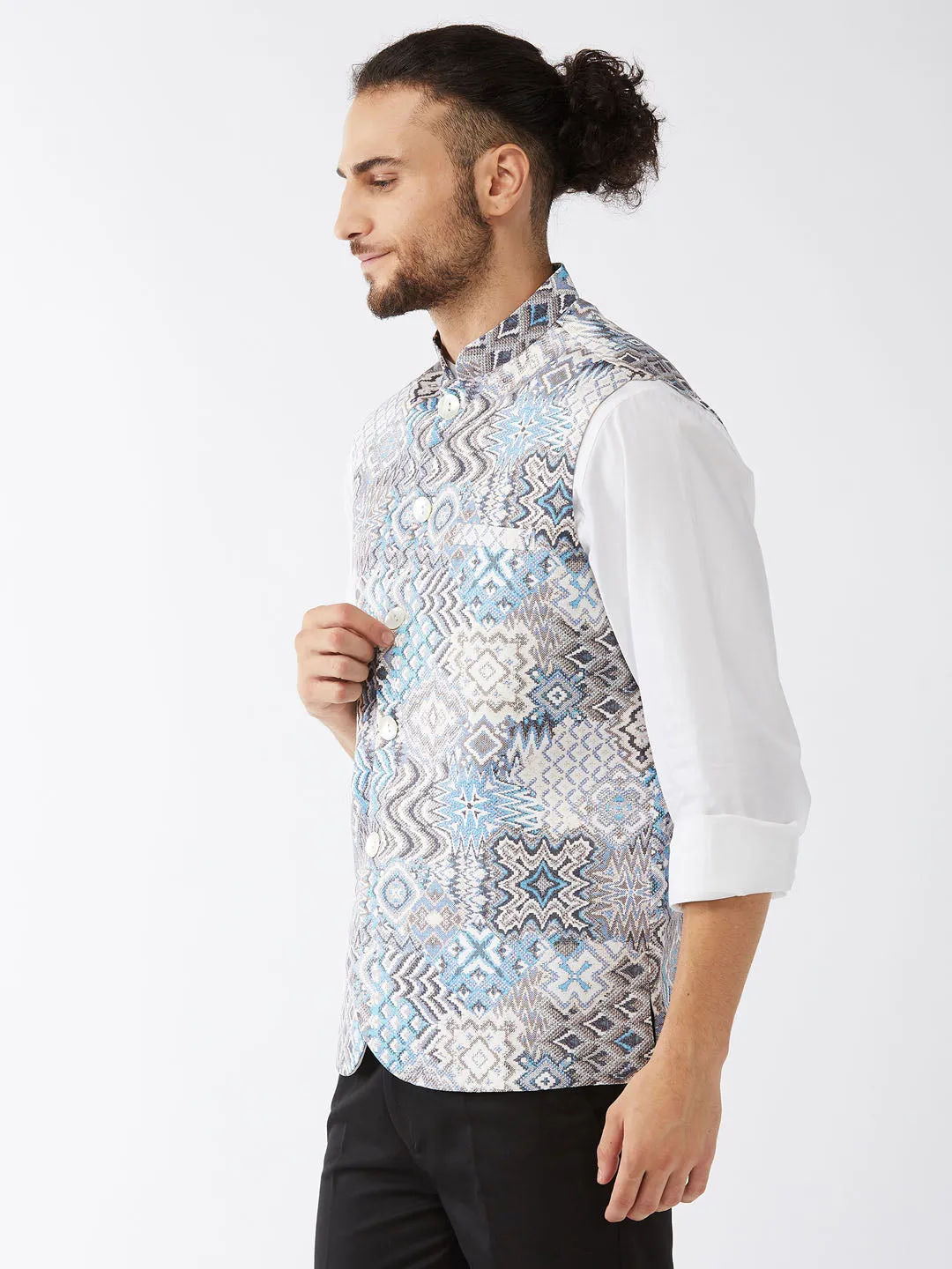 Jashvi Men's White & Blue Printed Satin Slim-Fit Nehru Jacket