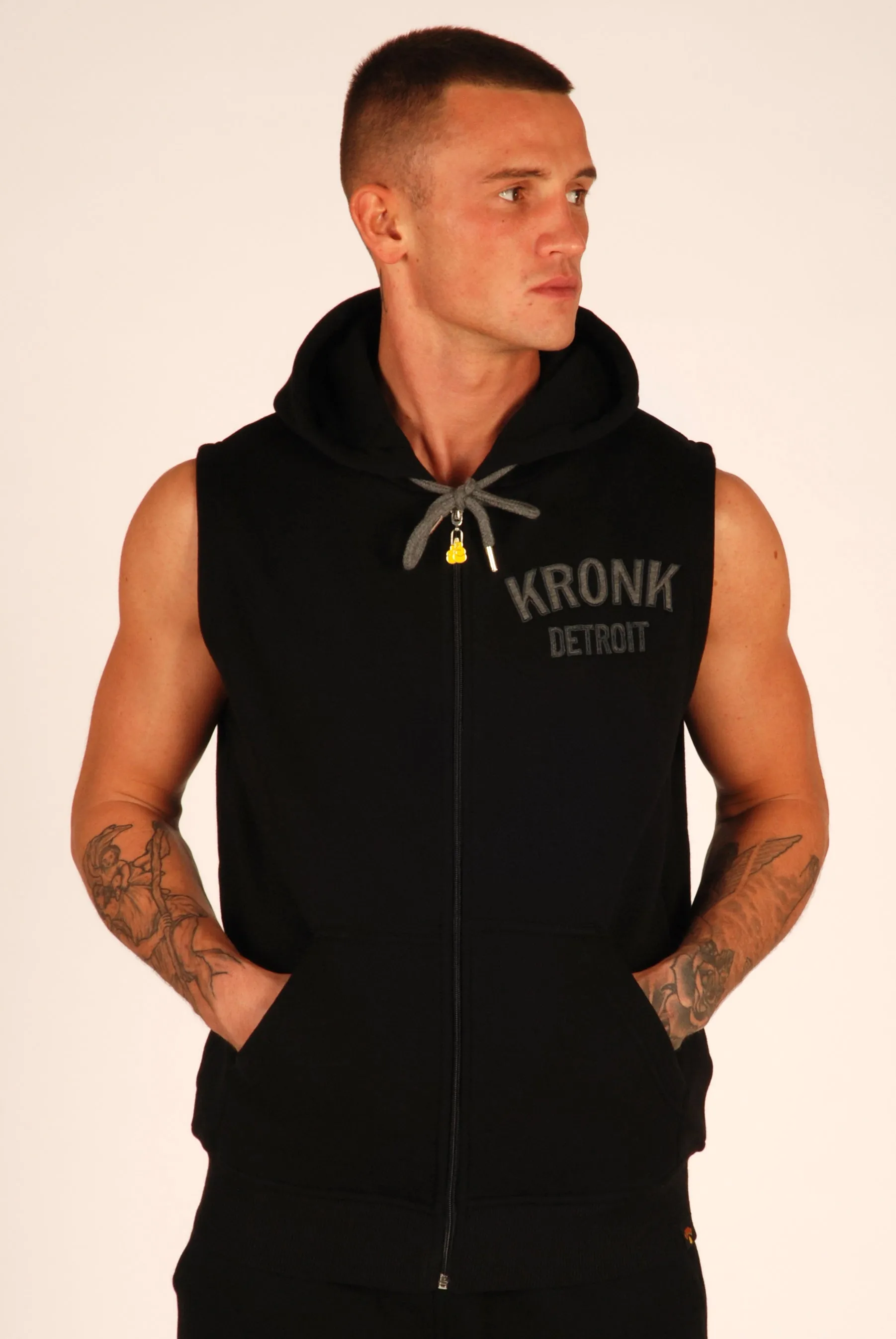 KRONK Detroit Applique Zip through Sleeveless Hoodie Black