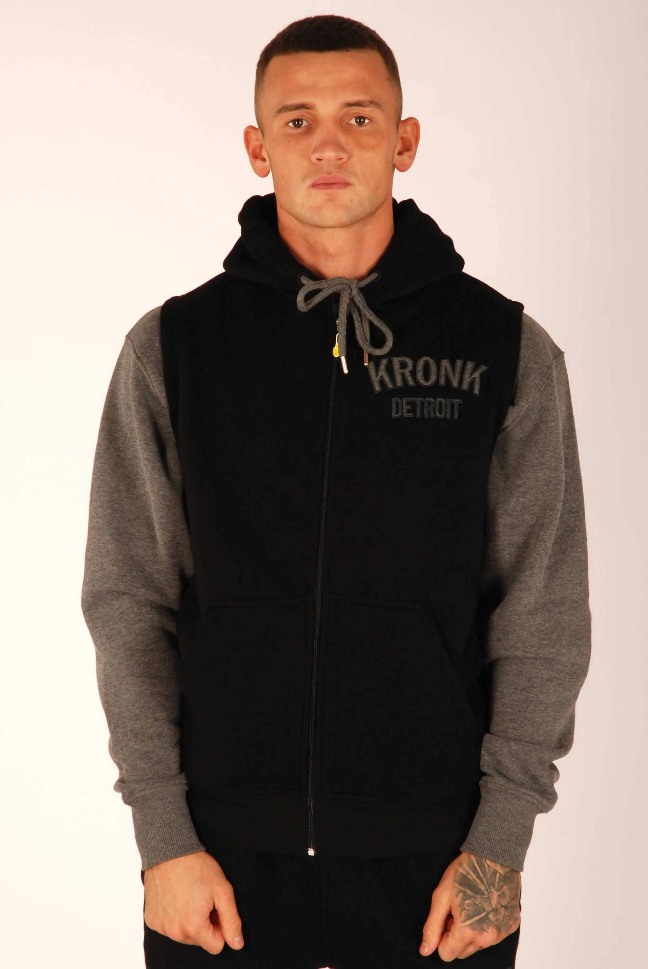 KRONK Detroit Applique Zip through Sleeveless Hoodie Black