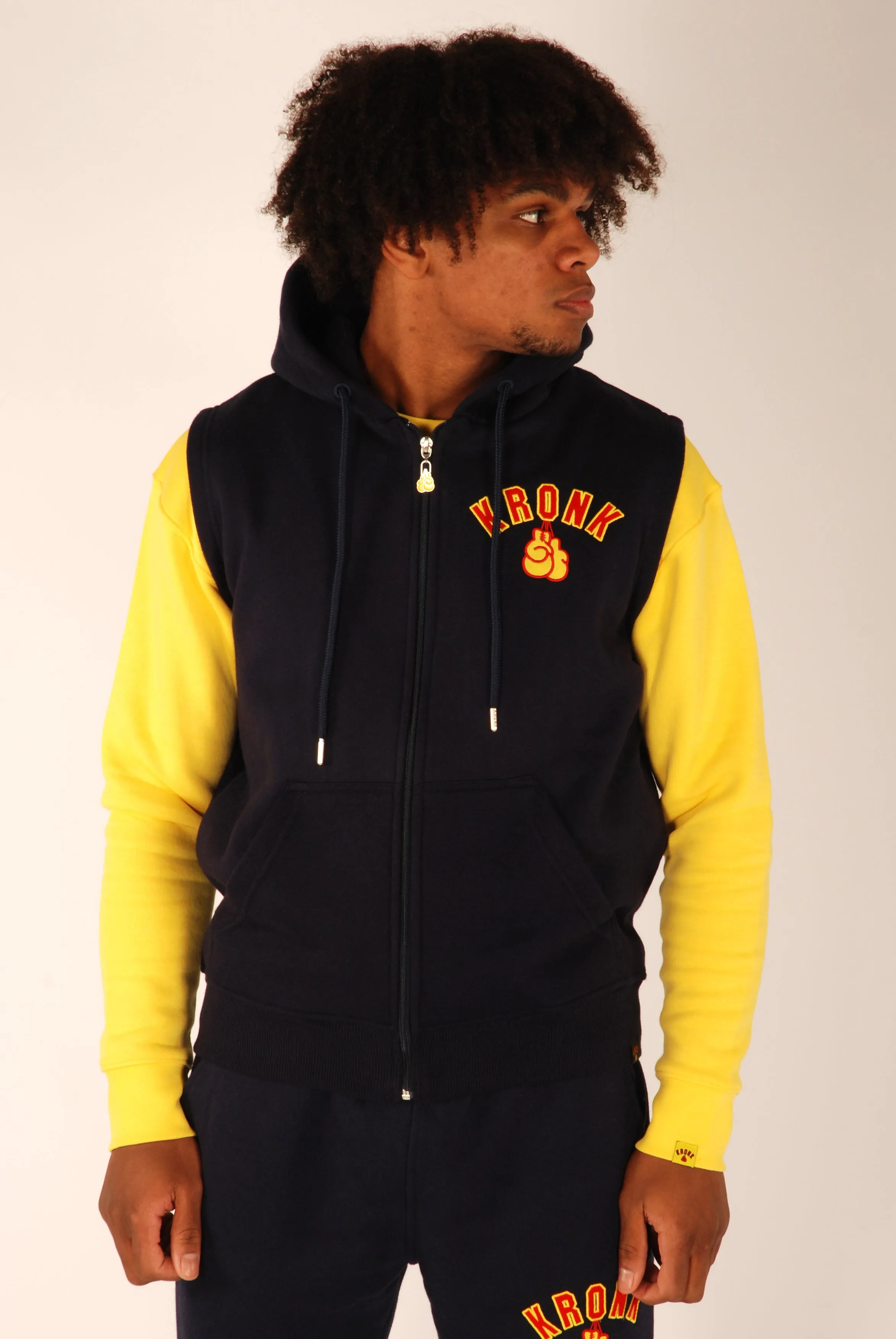 KRONK Gloves Applique Zip through Sleeveless Hoodie Navy