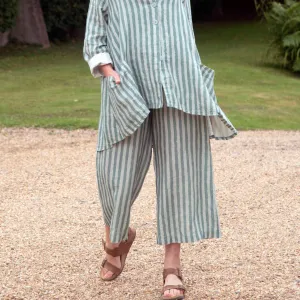 Linen Stripe Wide Leg Trousers - Teal