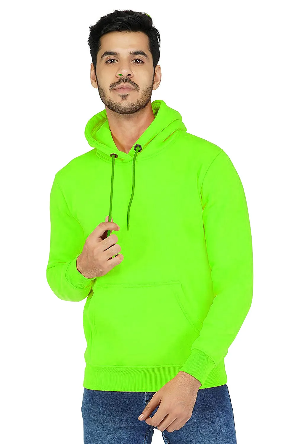 Neon Green Solid Cotton Relaxed Fit Hooded Sweatshirt Hoodies By LazyChunks