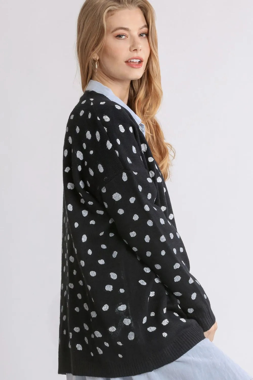 Polka Dot Open Front Drop Shoulder Cardigan