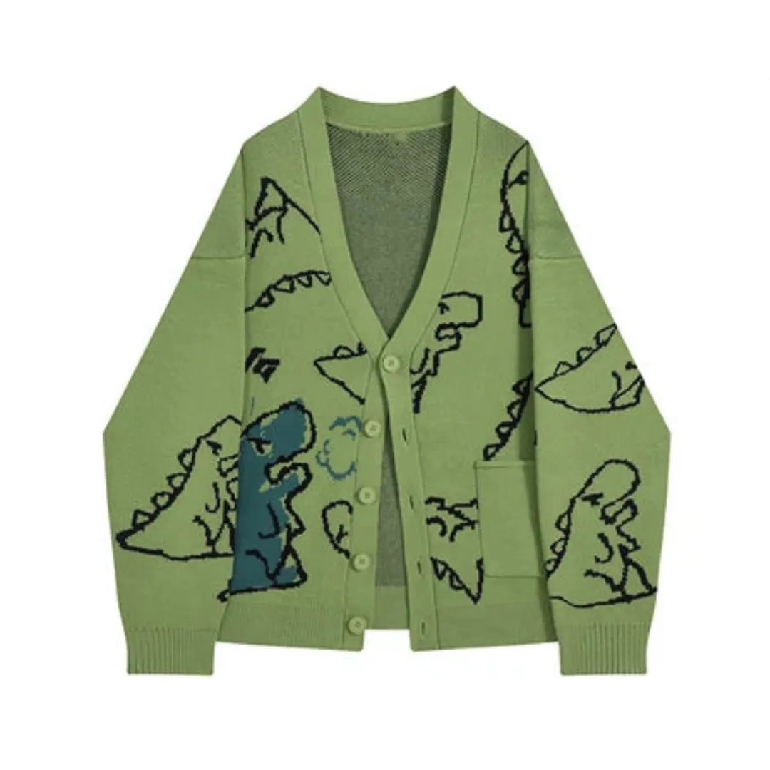 Pre Order:  V-Neck Cartoon Dinosaur Jacquard Loose Knitted Cardigan