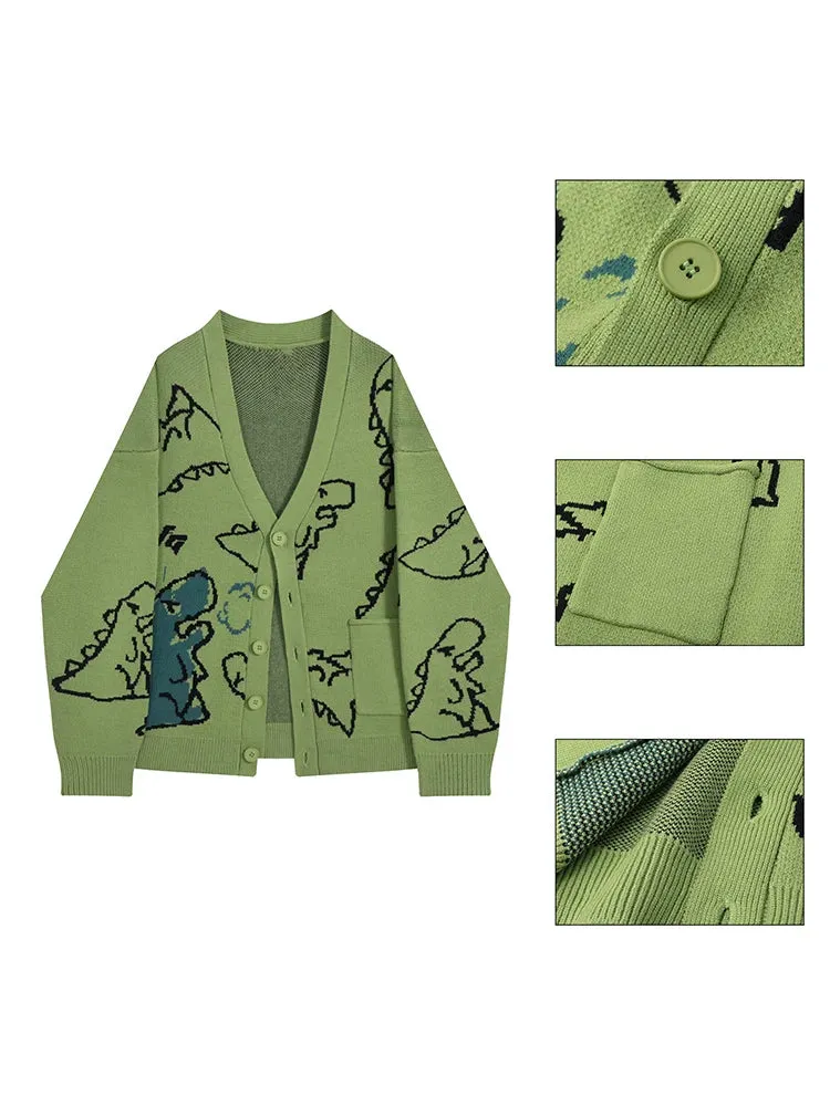 Pre Order:  V-Neck Cartoon Dinosaur Jacquard Loose Knitted Cardigan