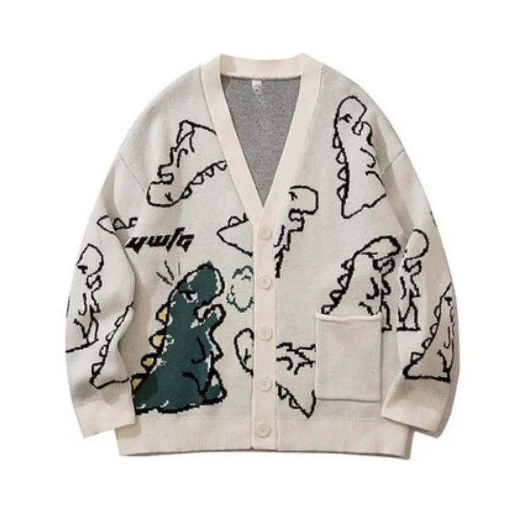 Pre Order:  V-Neck Cartoon Dinosaur Jacquard Loose Knitted Cardigan