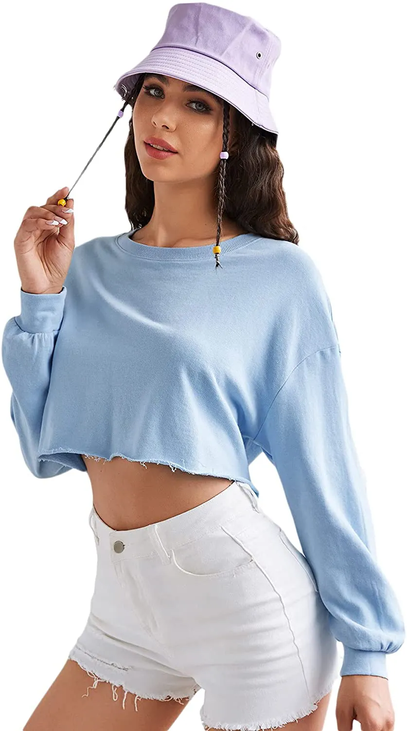 Romwe Women's Drop Shoulder Lantern Sleeve Raw Hem Aesthetic Sweatshirt Pullover Crop Top