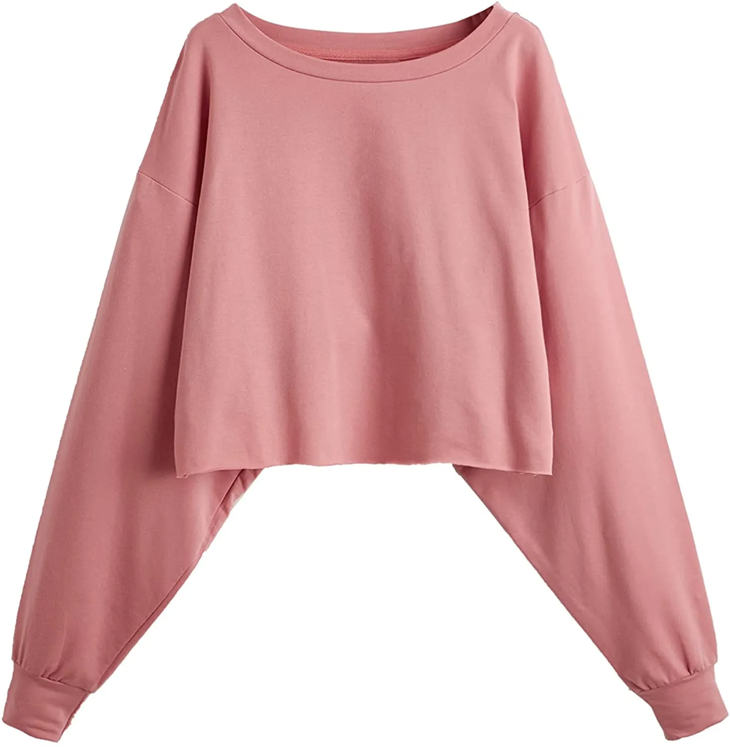 Romwe Women's Drop Shoulder Lantern Sleeve Raw Hem Aesthetic Sweatshirt Pullover Crop Top