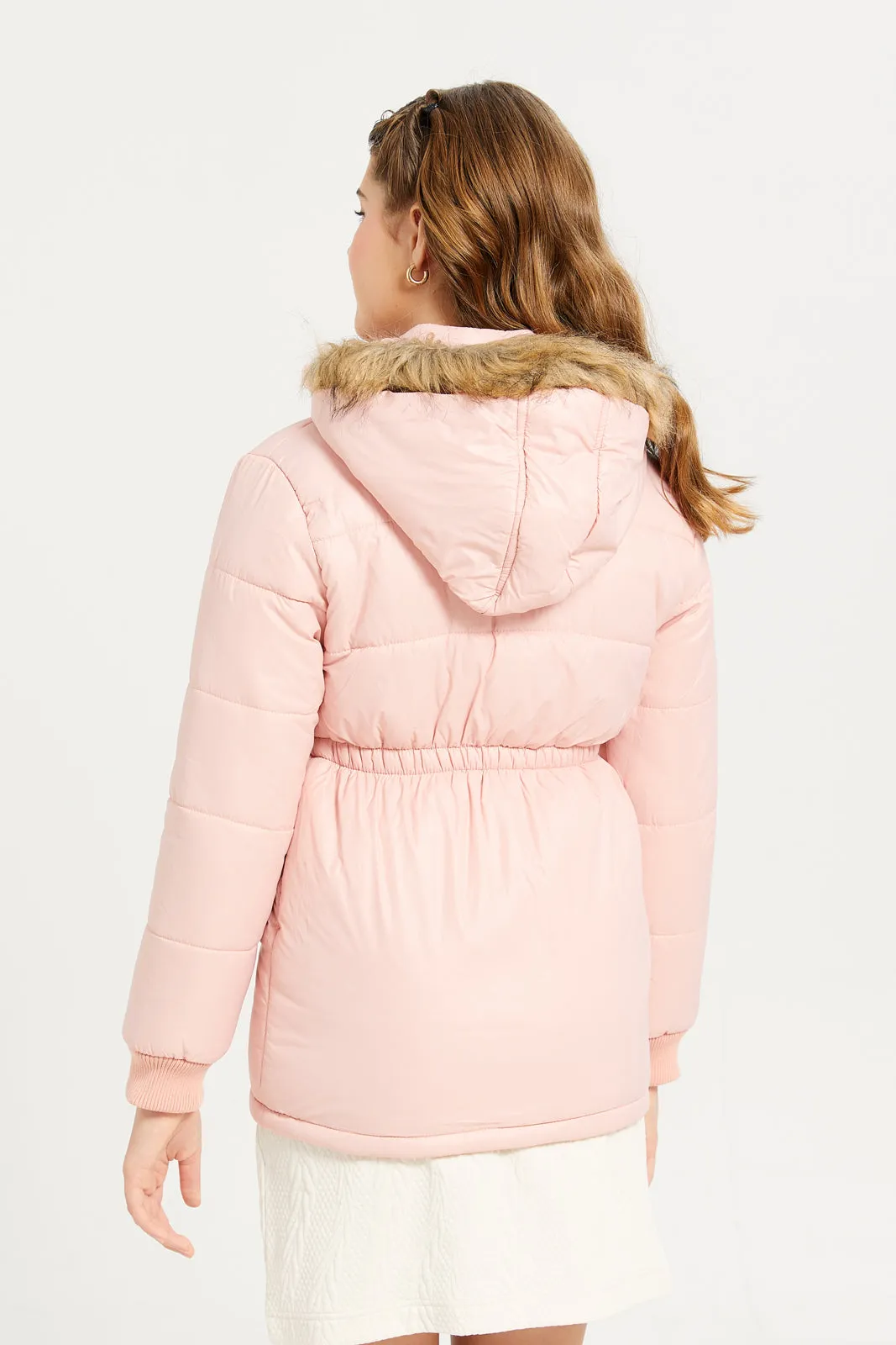 Senior Girls Pink Fur Hooded Jacket