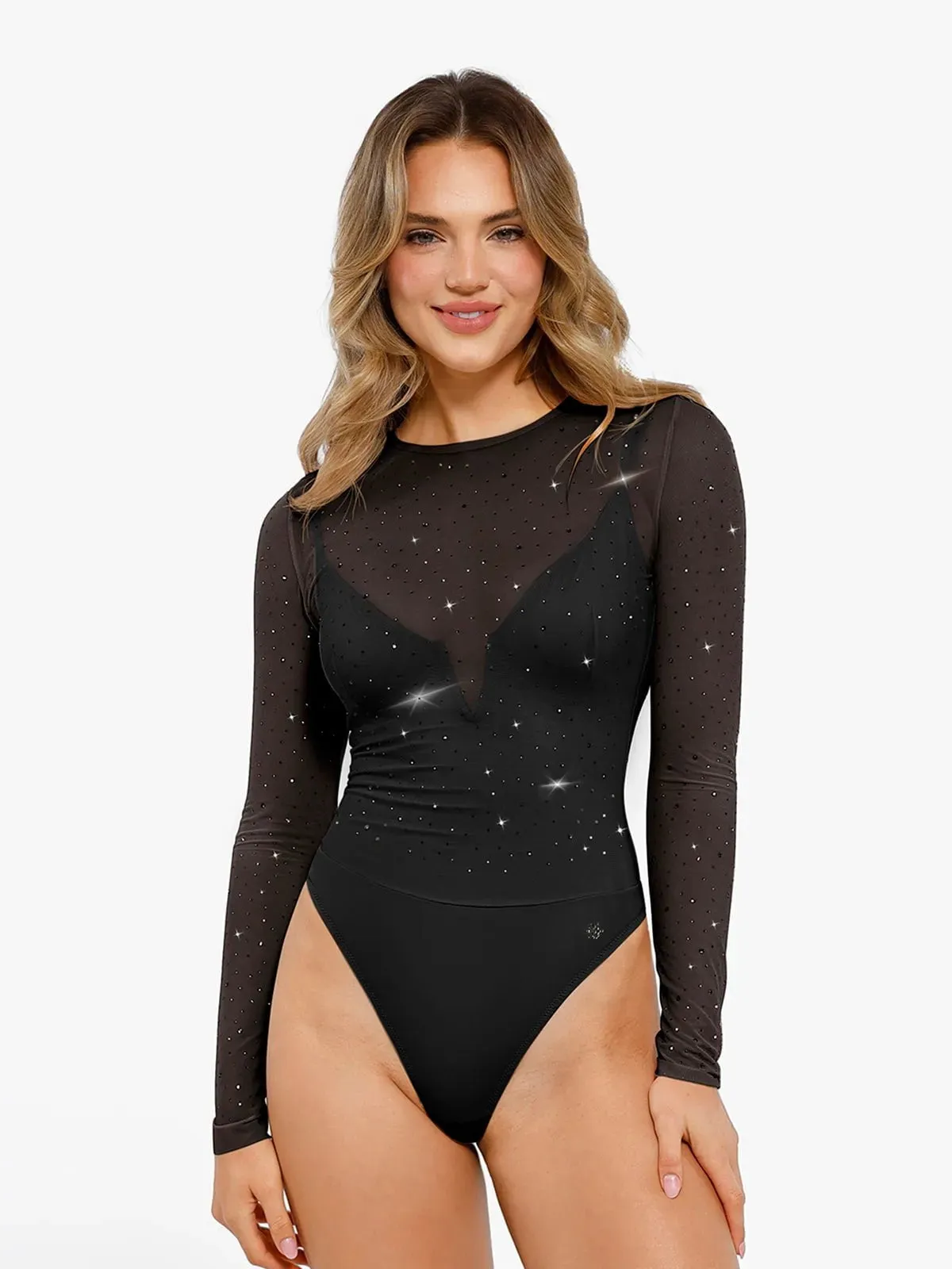 Shapewear Heat-Set Crystal Mesh Long-Sleeve Slimming Bodysuit