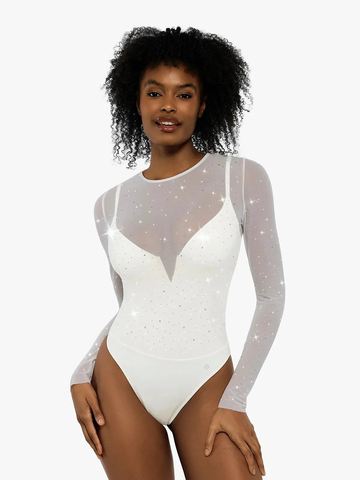 Shapewear Heat-Set Crystal Mesh Long-Sleeve Slimming Bodysuit