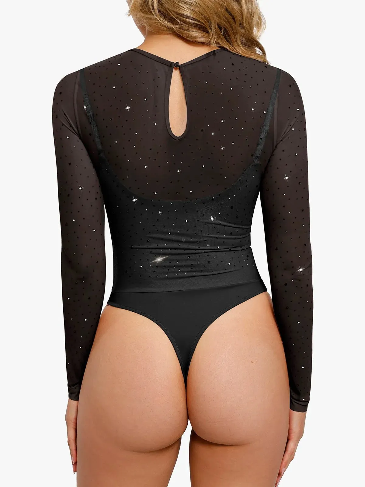 Shapewear Heat-Set Crystal Mesh Long-Sleeve Slimming Bodysuit