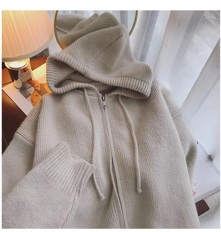 Solid color zipper knitted cardigan for women long-sleeved sweater jacket      S4850