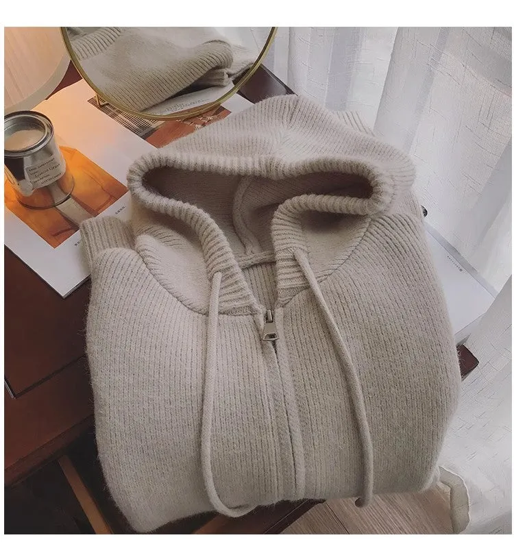 Solid color zipper knitted cardigan for women long-sleeved sweater jacket      S4850