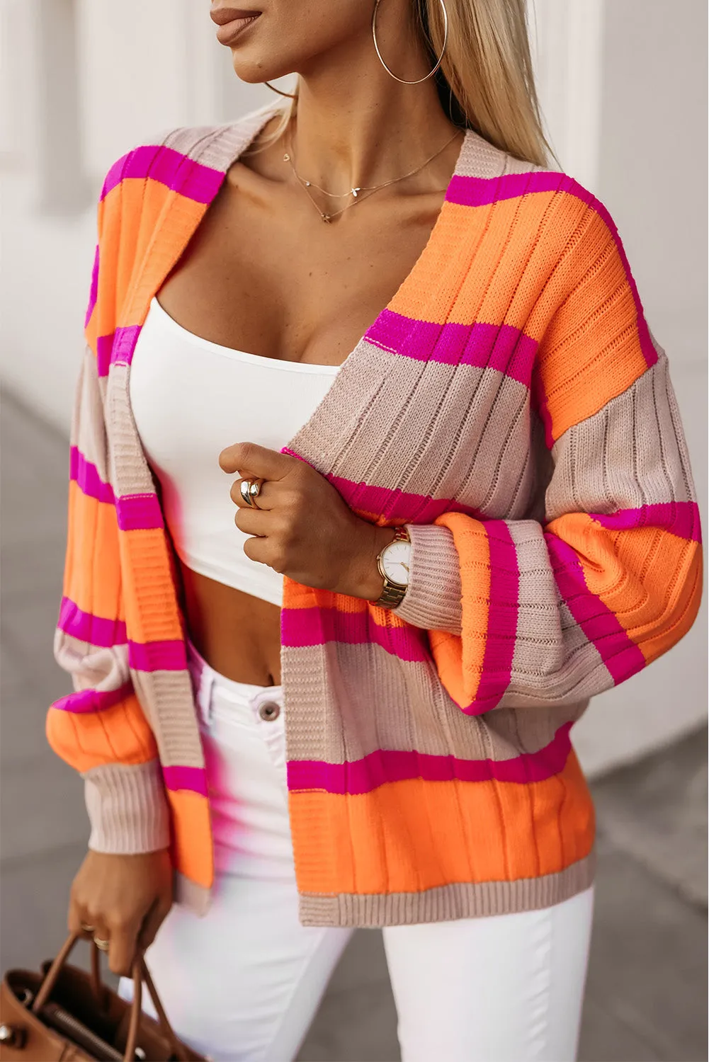 Stripe Colorblock Drop Shoulder Cardigan