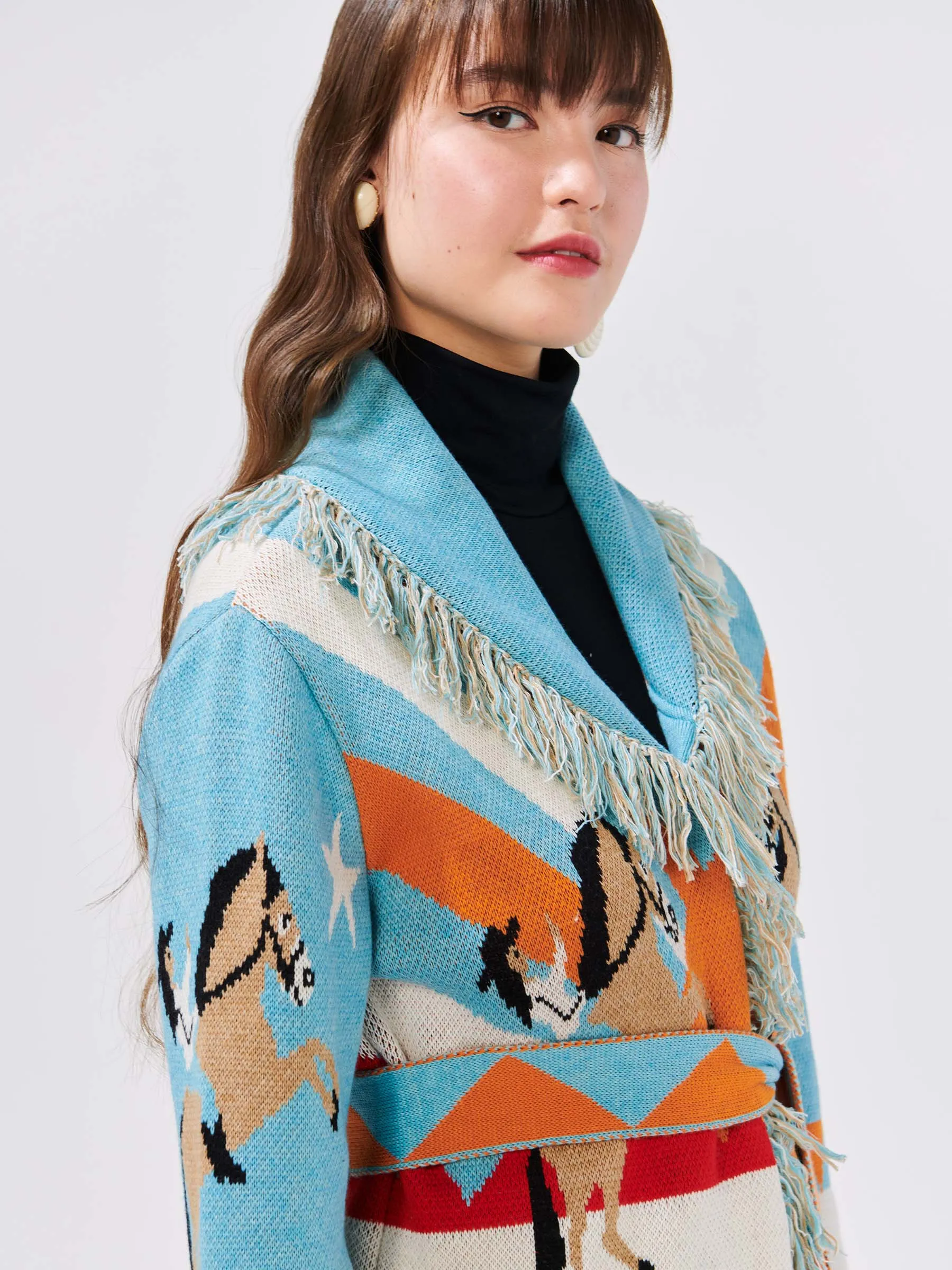 Sunrise Rodeo Merino Jacquard Cardigan Turquoise