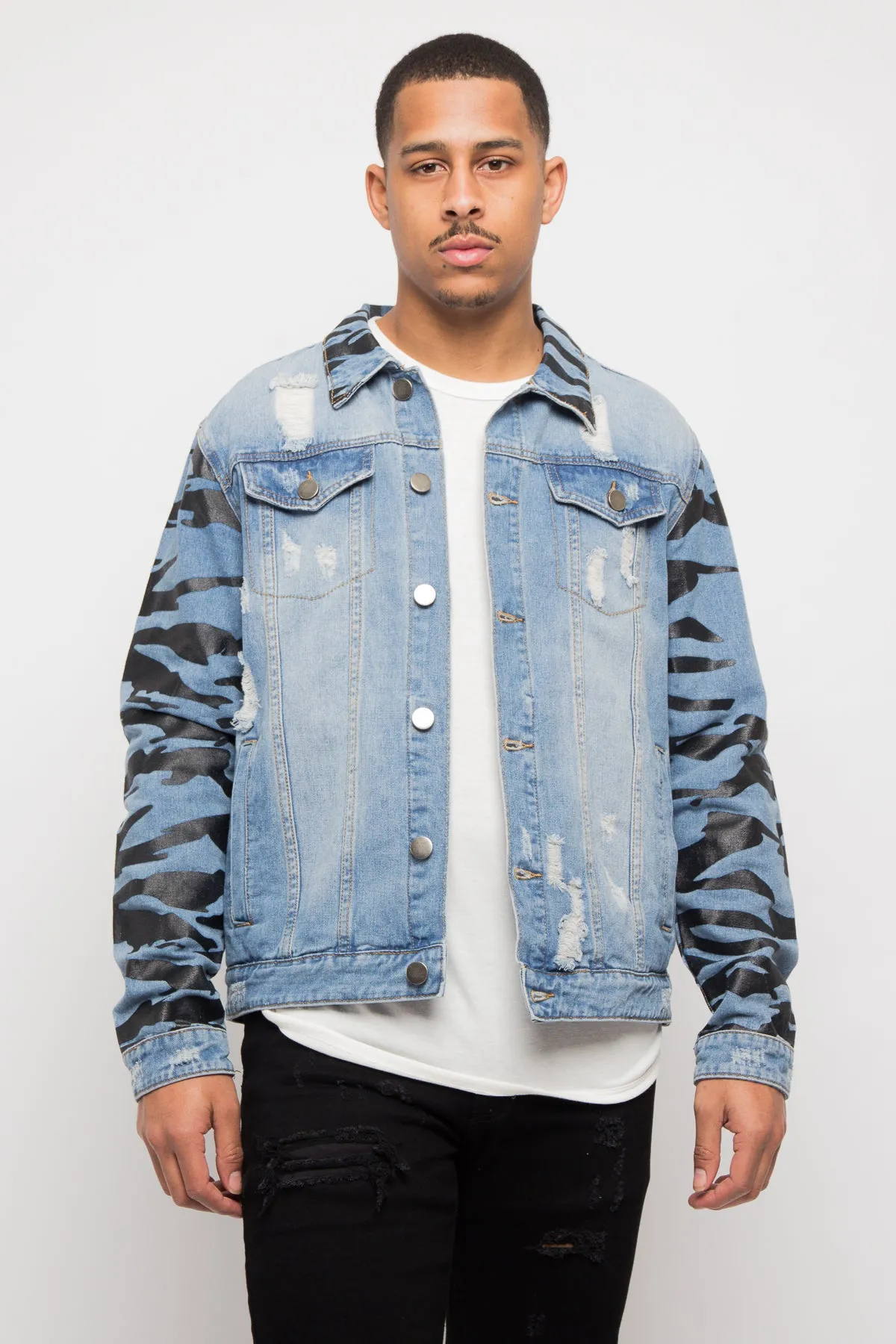 Tiger Striped Sleeve Denim Jacket