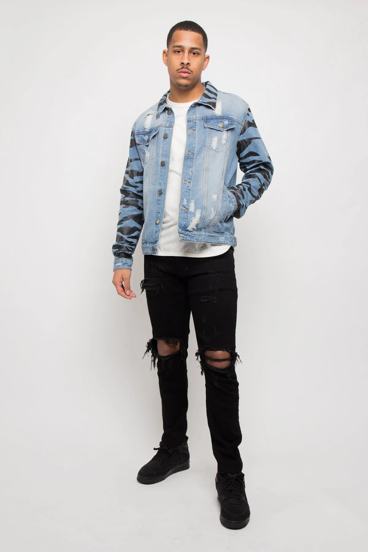 Tiger Striped Sleeve Denim Jacket