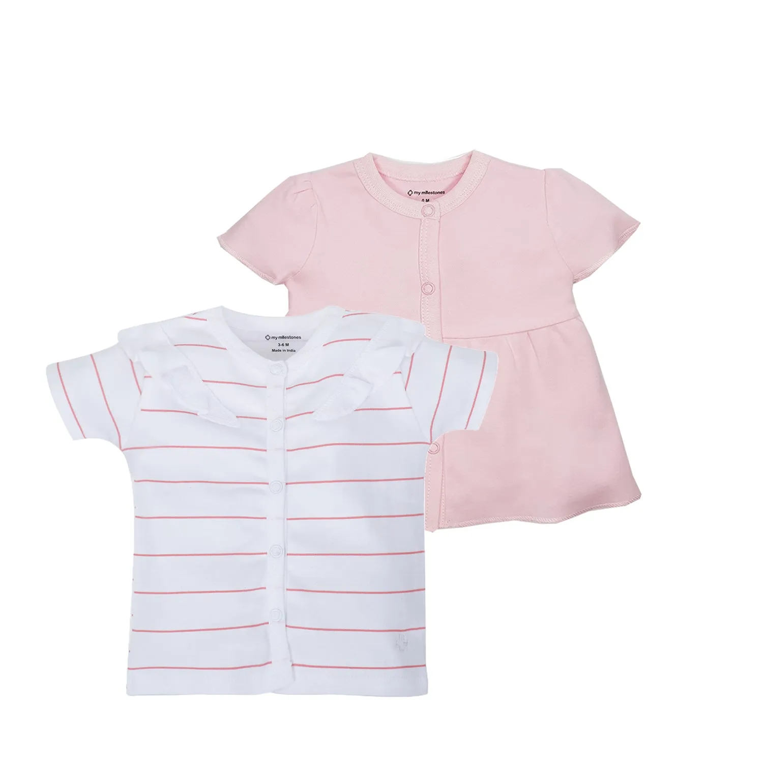 Tops Half Sleeves Girls White Stripes / Pink-2Pc Pack