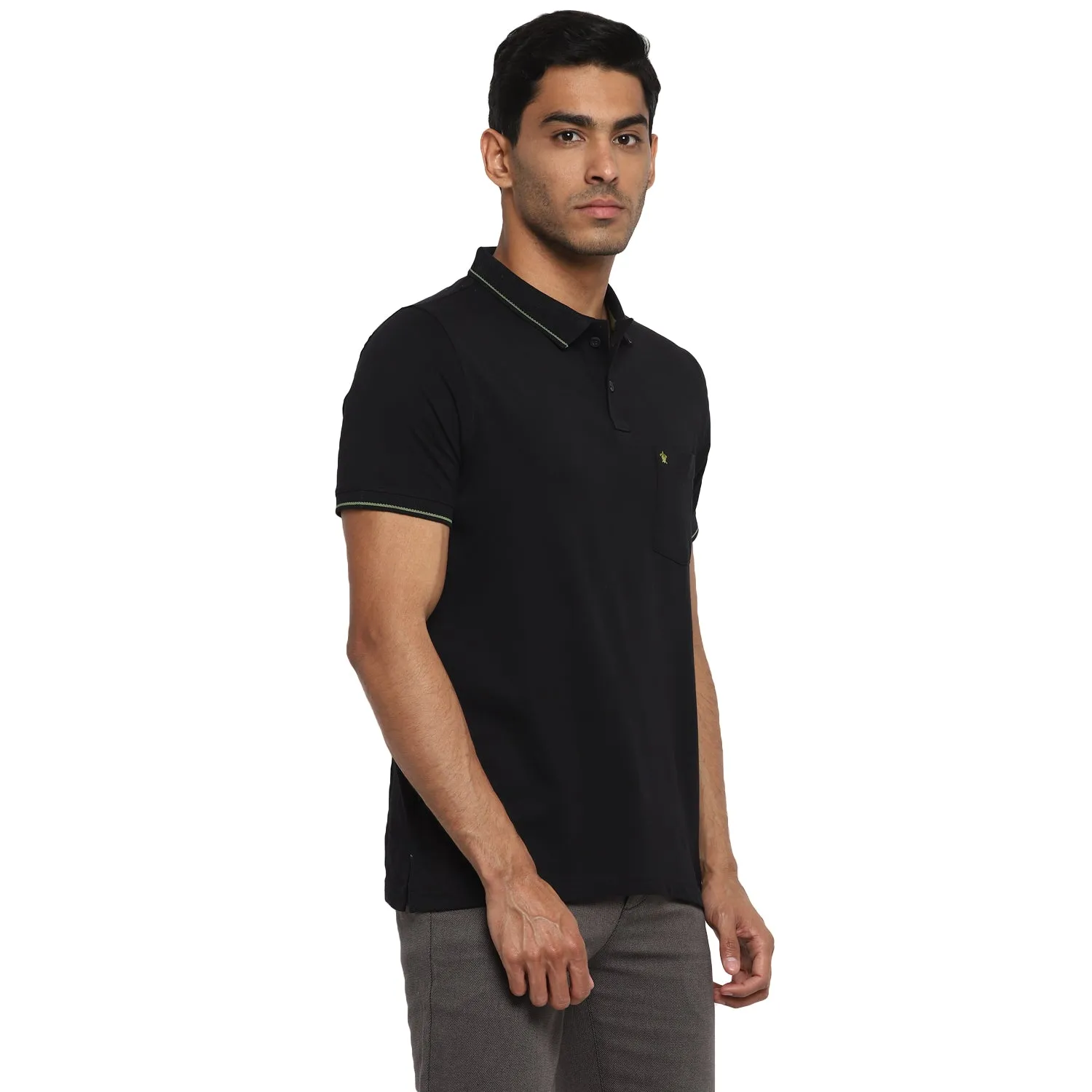 Turtle Men Essentials Black Solid Polo Neck T-Shirts