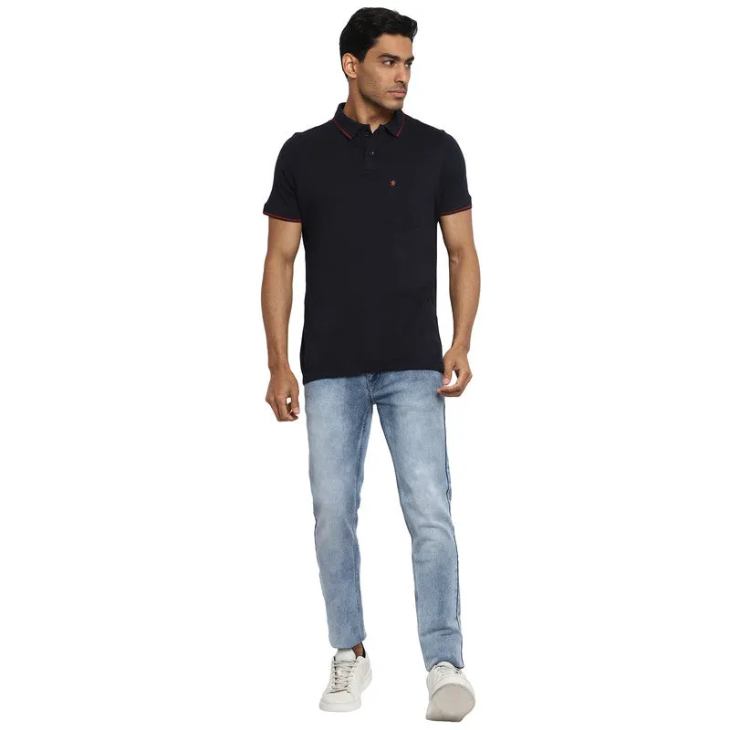 Turtle Men Essentials Navy Blue Solid Polo Neck T-Shirts