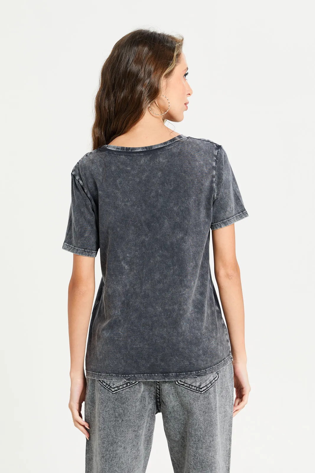 Women Charcoal Overdyed Printed T-Shirt