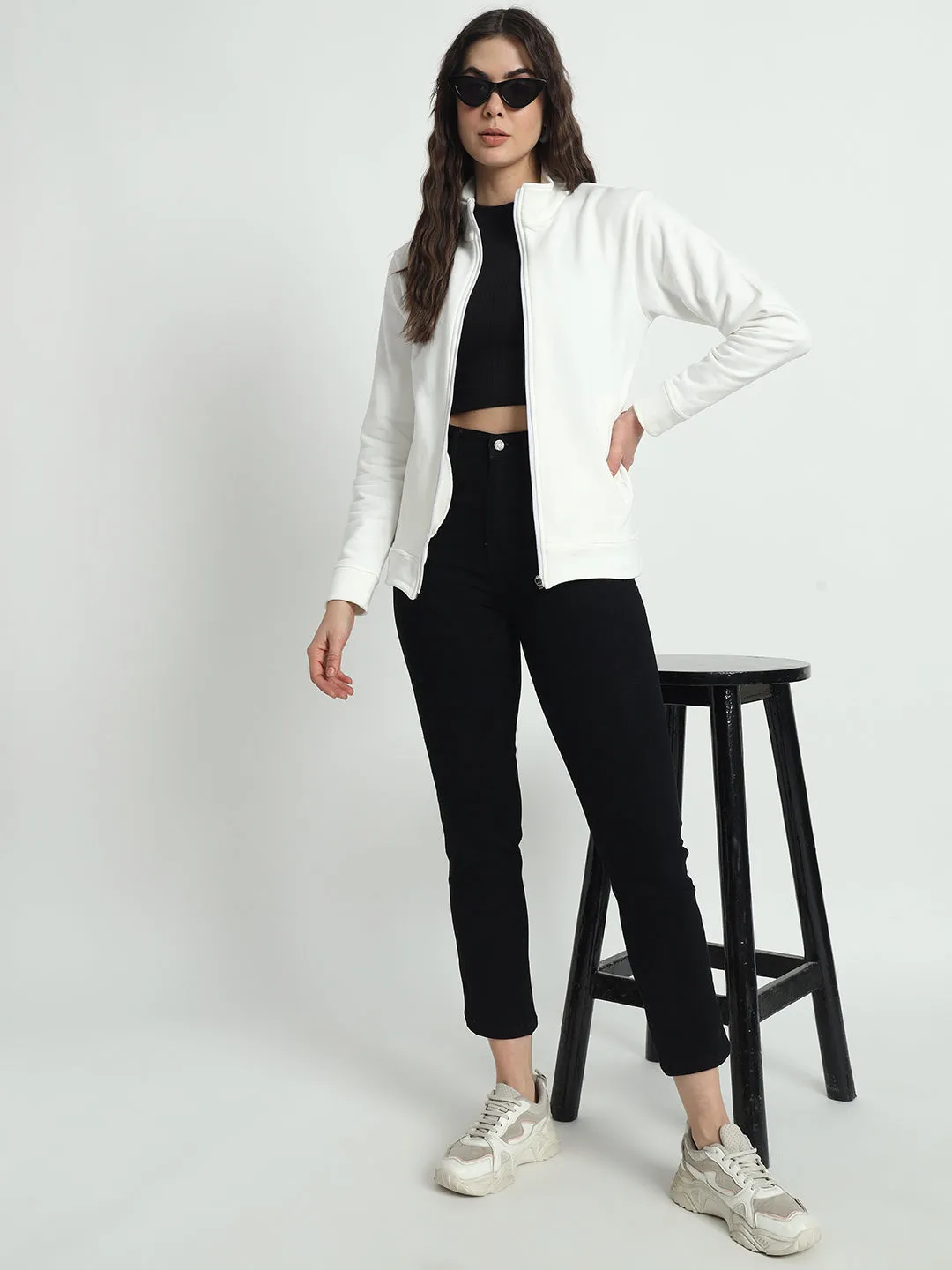 Women Mock Collar White Bomber Jacket