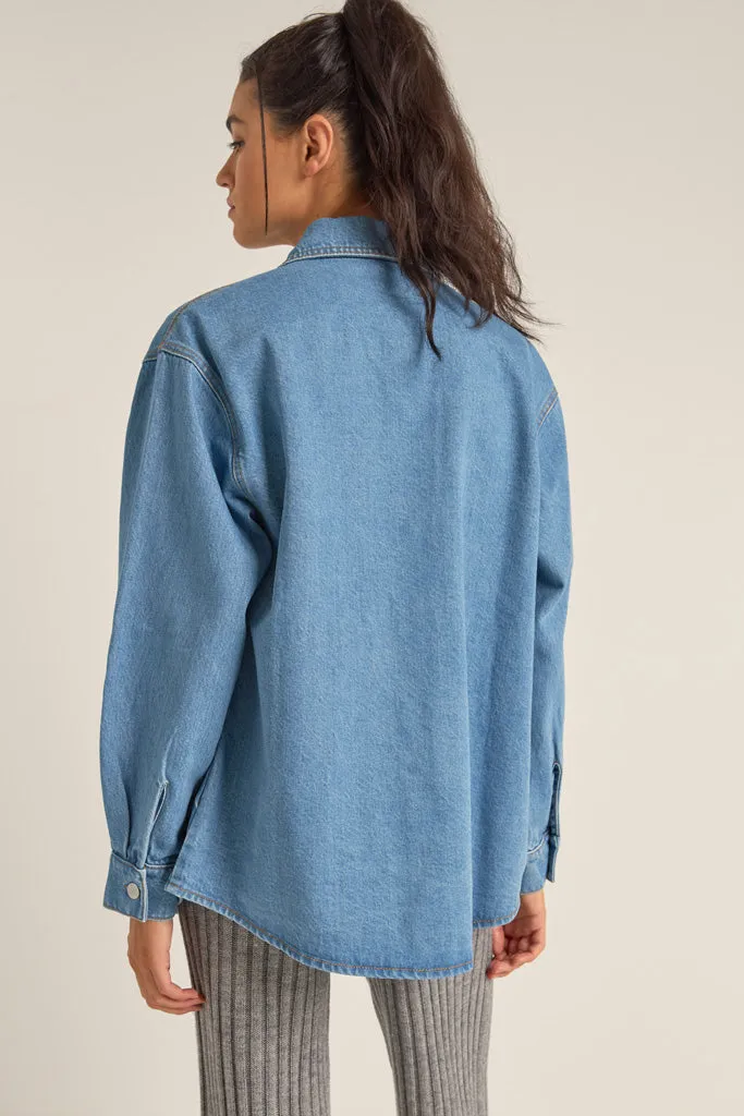 Women's Oversized Denim Shacket - Washed Blue