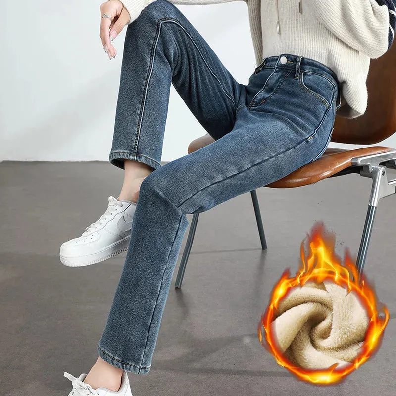 Women's Winter Fleece Warm Jeans Retro Slim Straight Elastic Cotton Thickened Warm Denim Pants Fashion Female Clothing